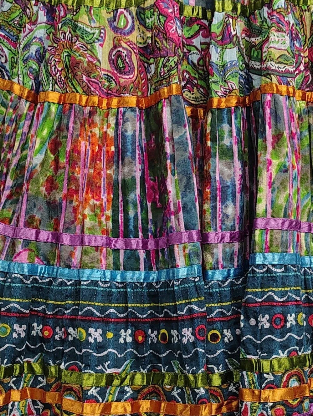 NEW Boho-chic Vibrant Multi-Color Tiered Cotton Maxi Skirt by Travel Smith S